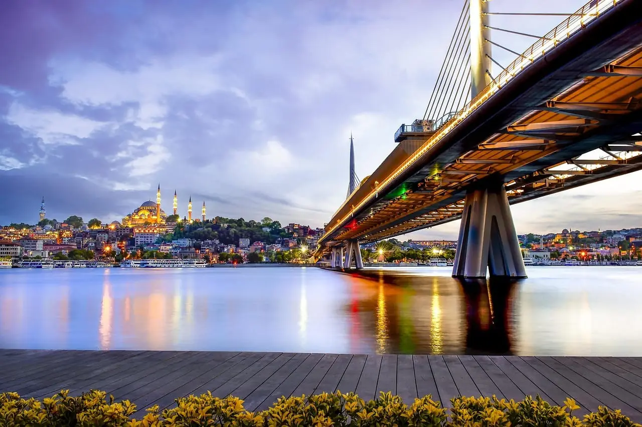 A Bosphorus bridge and the Istanbul skyline photographed at dusk in a long exposure.